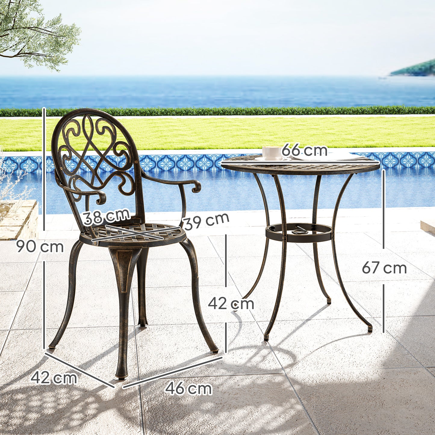Outsunny Three Piece Aluminium Garden Bistro Set with Round Table and Two Chairs Bronze Tone Outdoor Furniture