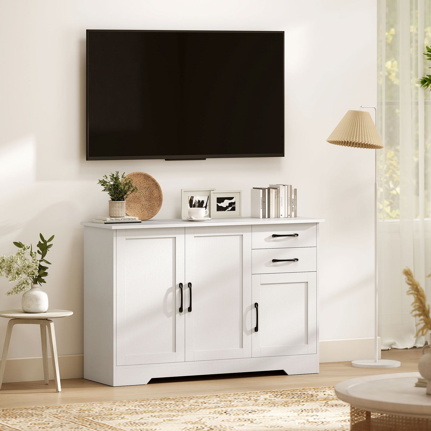 HOMCOM Sideboard With 2 Drawers And 3 Doors White Modern Storage Cabinet Kitchen Cupboard With Adjustable Shelf