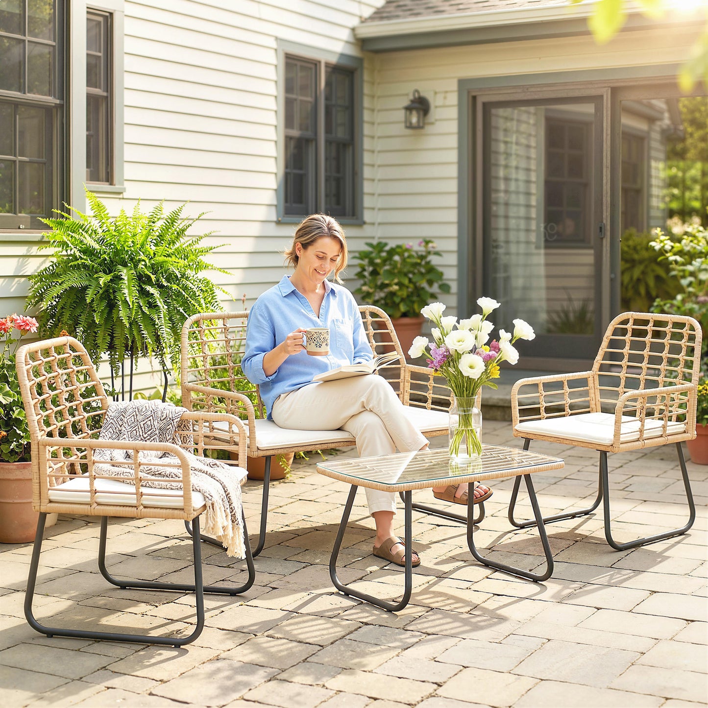 Outsunny 4 Piece Rattan Garden Set Outdoor Patio Furniture With Loveseat Armchairs And Coffee Table