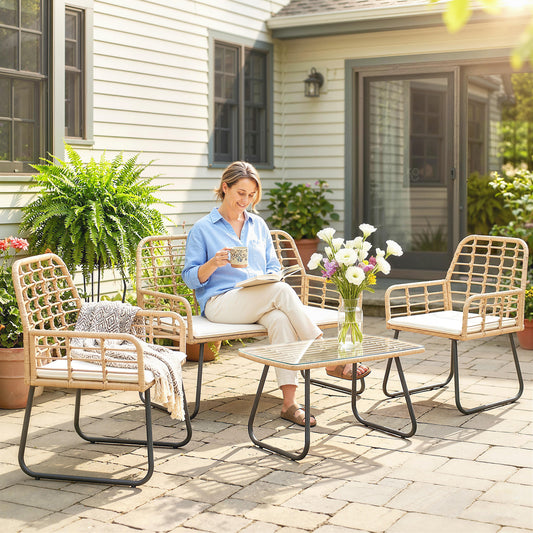 Outsunny 4 Piece Rattan Garden Set Outdoor Patio Furniture With Loveseat Armchairs And Coffee Table