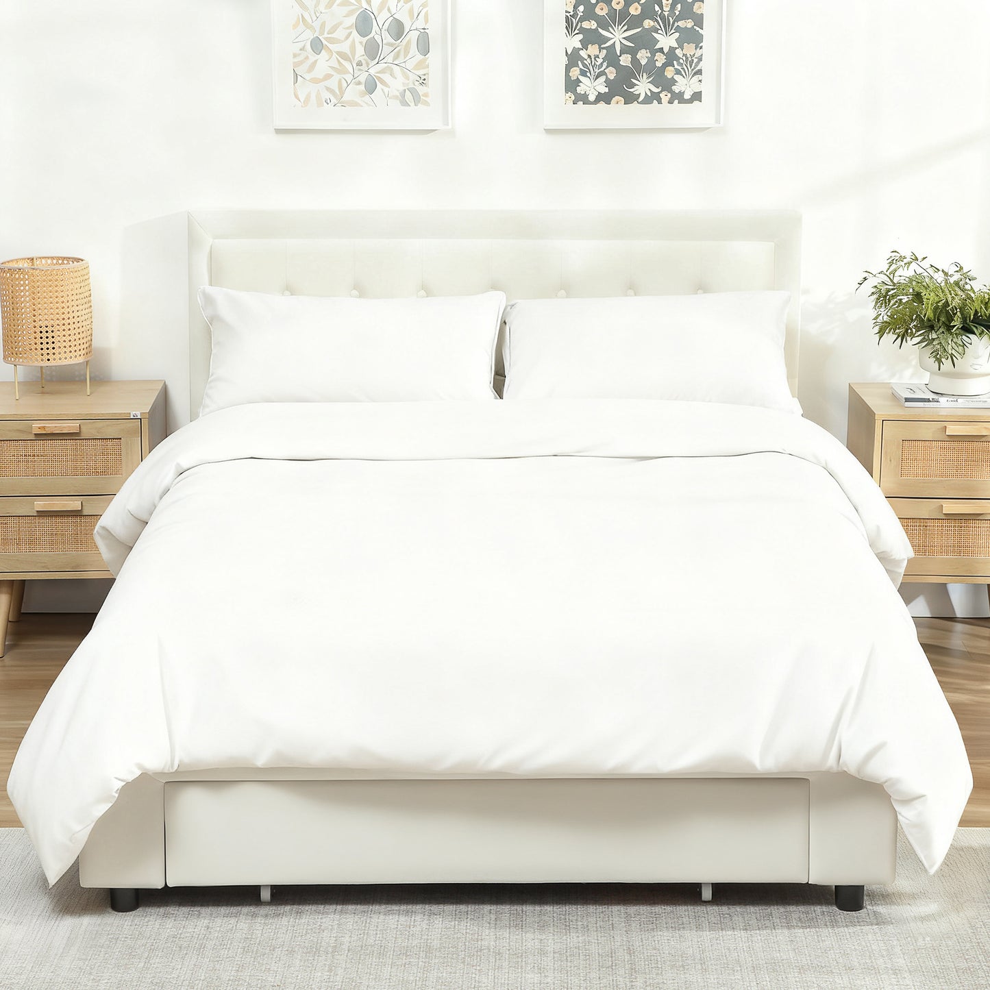 HOMCOM Double Ottoman Bed Frame With Front Drawer Storage Cream 140 x 193.5 cm Gas Lift Mechanism And Easy Lift