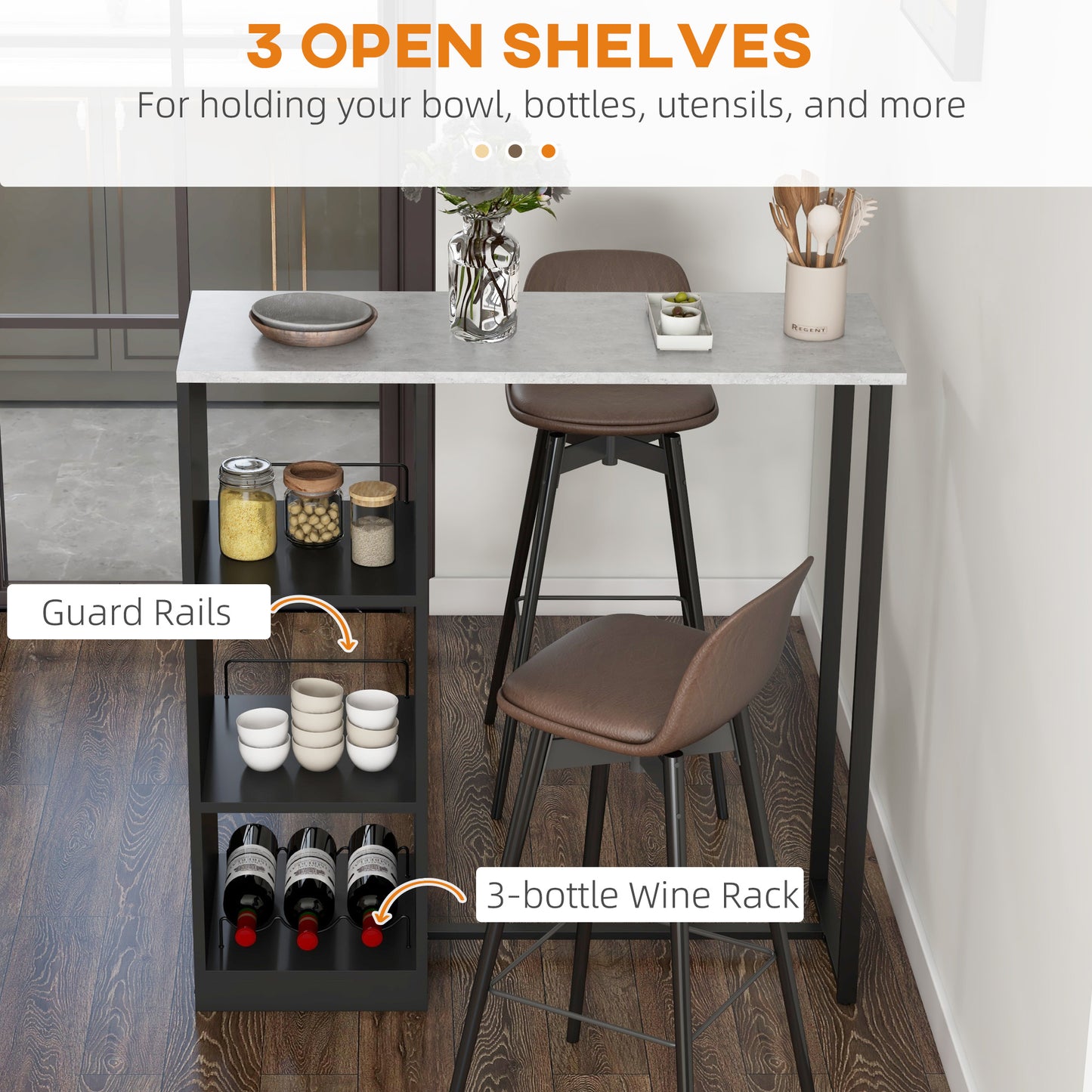 HOMCOM Breakfast Bar Table With Three Tier Storage Shelf And Wine Rack 105W x 40D x 105H cm Black