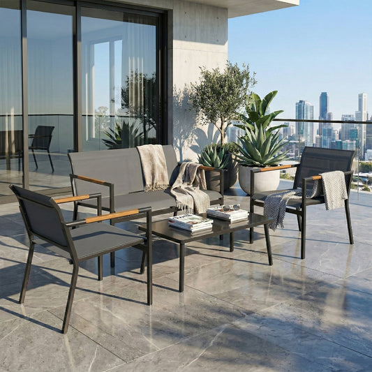 Outsunny 4 Seater Outdoor Garden Furniture Set With Loveseat Armchairs Table Metal Frame Grey Breathable Seats