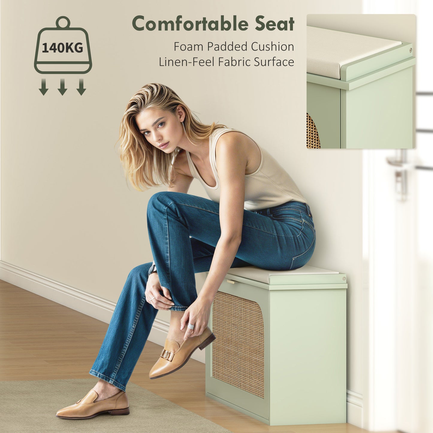 HOMCOM Boho Shoe Bench With Padded Seat And Flip Drawer Linen Feel Fabric Entryway Storage In Light Green