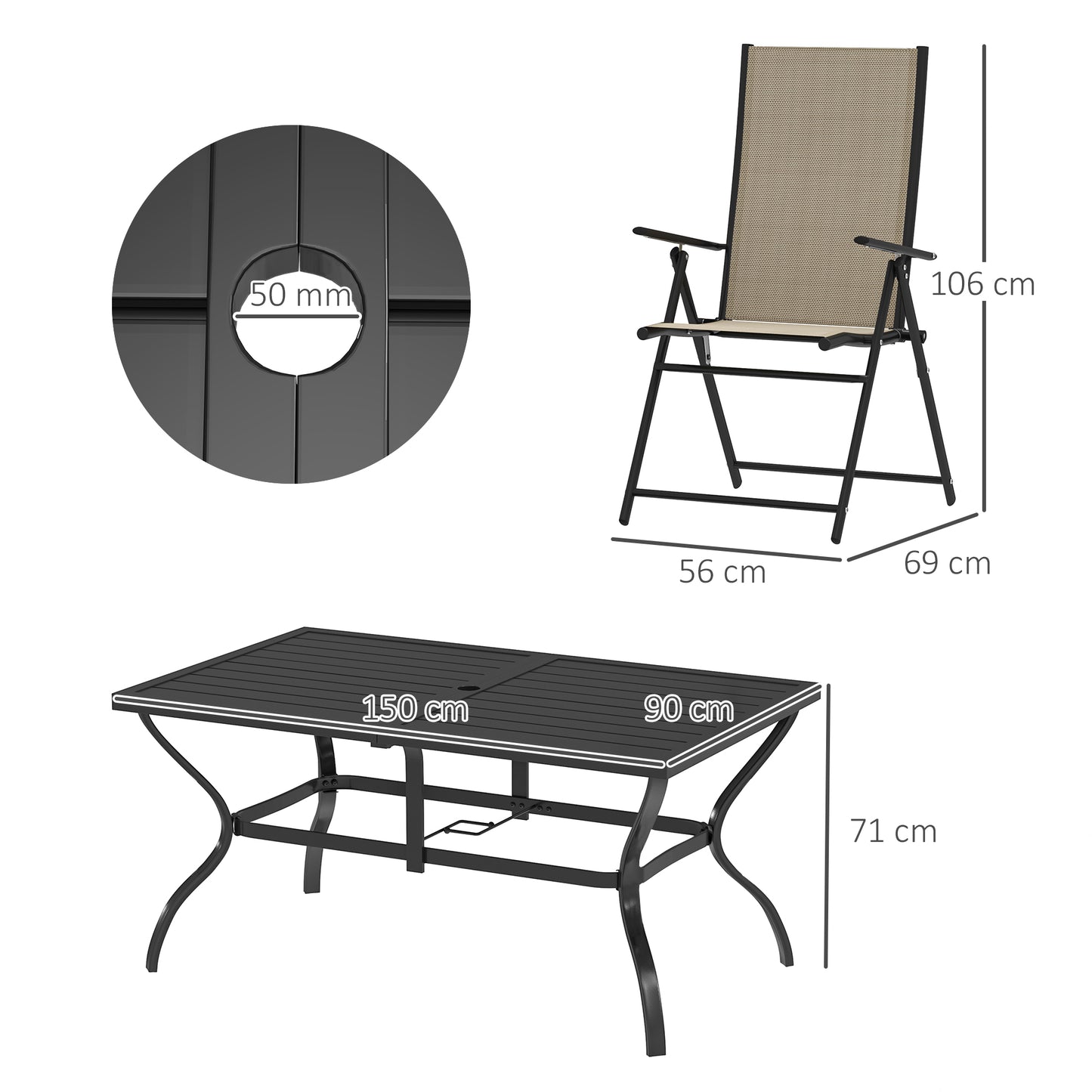 Outsunny Seven Piece Steel Outdoor Dining Set with Parasol Hole Khaki Rectangular Table and Six Folding Chairs
