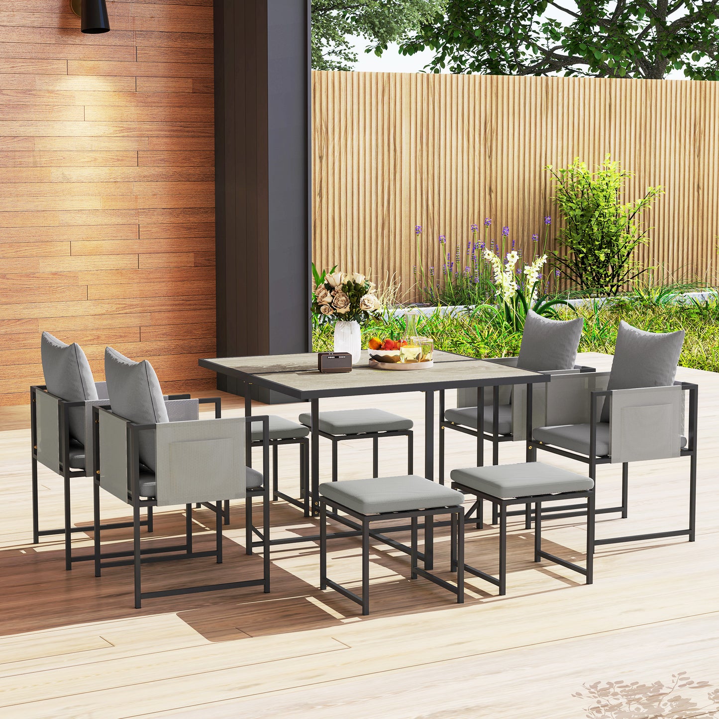 Outsunny Nine Piece Steel Frame Garden Dining Set With Cushioned Chairs And Stools Dark Grey For Outdoor Patio