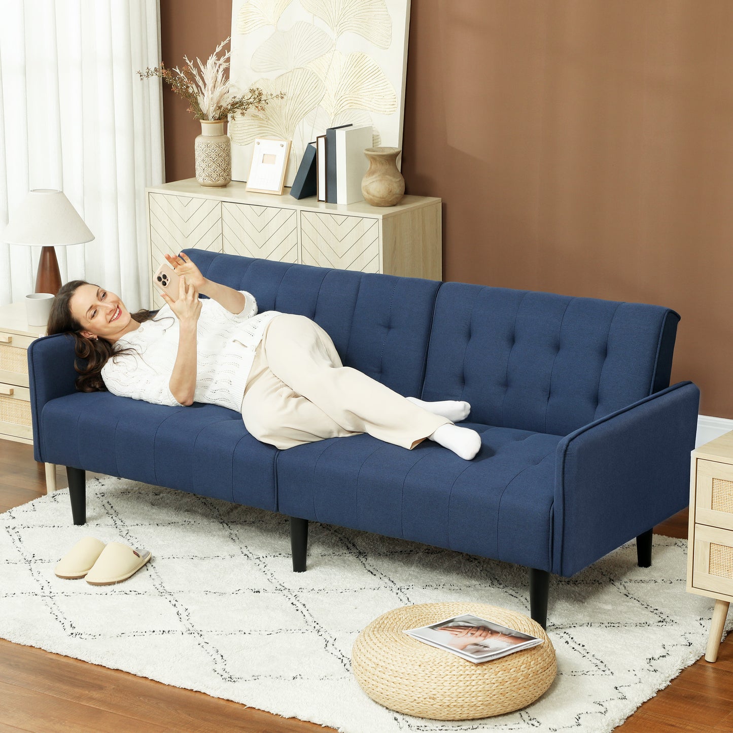 HOMCOM Three Seater Sofa Bed With Cupholders Dark Blue For Small Living Rooms And Guest Rooms