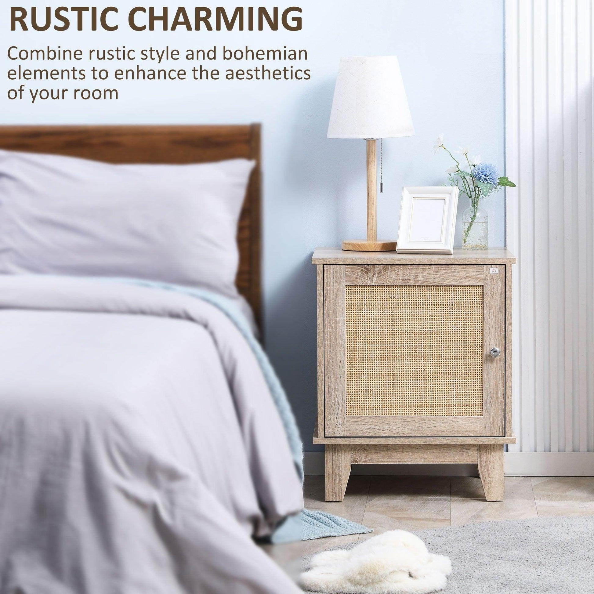 HOMCOM Set of 2 Natural Rattan Bedside Tables - Bedroom, Living Room Storage - ALL4U RETAILER LTD