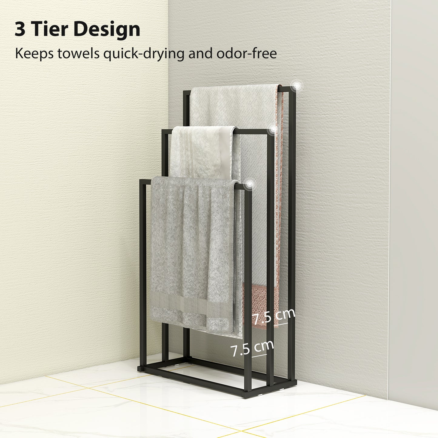 HOMCOM Freestanding Space Saving Steel Towel Rack With 3 Bars For Bathroom And Laundry Black