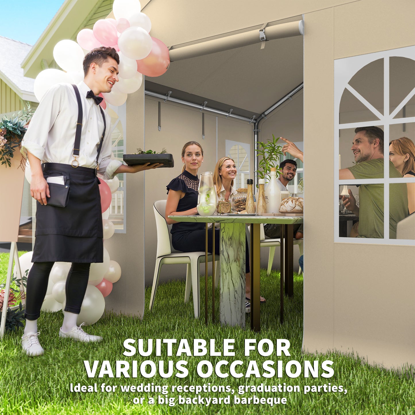Outsunny 3x3m Party Tent Outdoor Canopy Shelter With Removable Sidewalls And 4 Zip Doors For Parties And Weddings Beige
