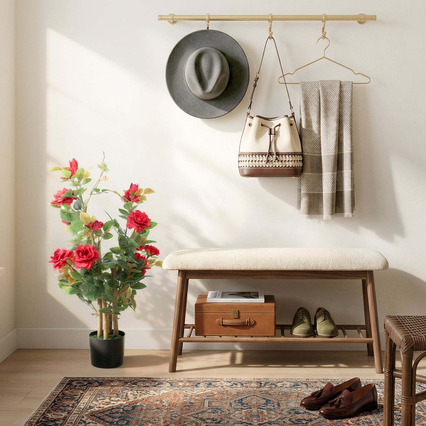 HOMCOM 90cm Artificial Rose Tree With 344 Silk Leaves And 17 Flowers For Outdoor Indoor Decor Red