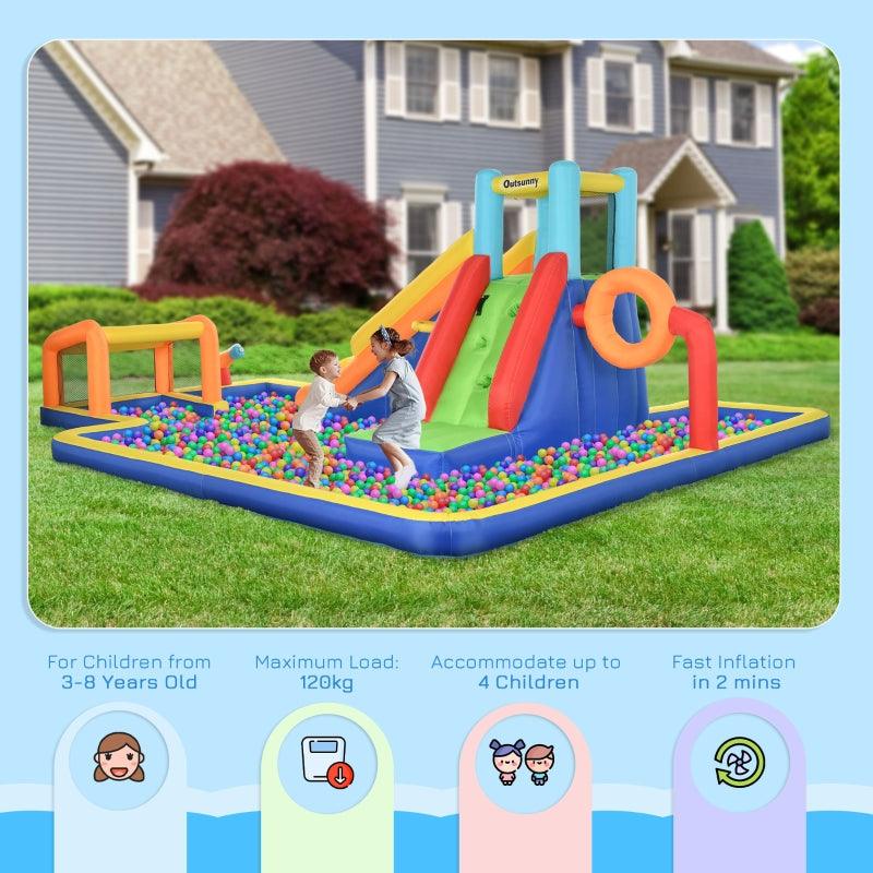 Outsunny Ultimate 6-in-1 Inflatable Play Center: Bouncy Castle with Slide, Pool, Climbing Wall, Water Cannon, Basketball Hoop, Football Stand - Perfect for Ages 3-8 Years! - ALL4U RETAILER LTD