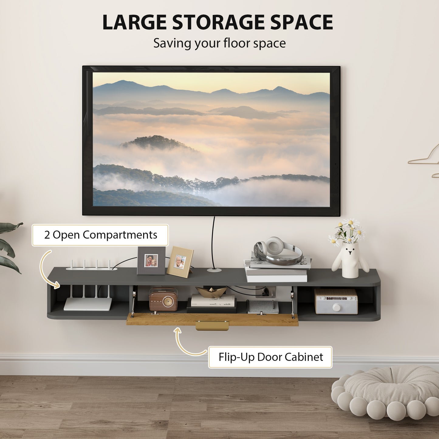 Homcom 140cm Floating Tv Stand With Storage Charcoal Wall Mounted Tv Cabinet Two Open Compartments And Cable Management