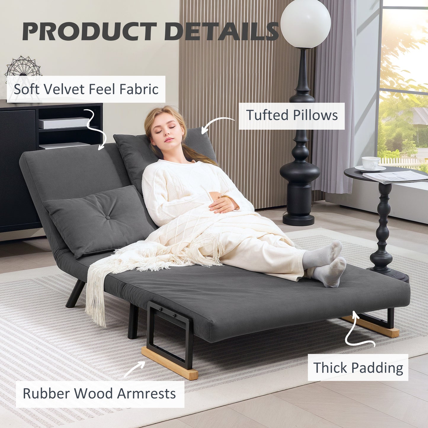HOMCOM 4 In 1 Velvet Feel Double Sofa Bed With Pillows Dark Grey Perfect For Living Rooms And Guest Rooms