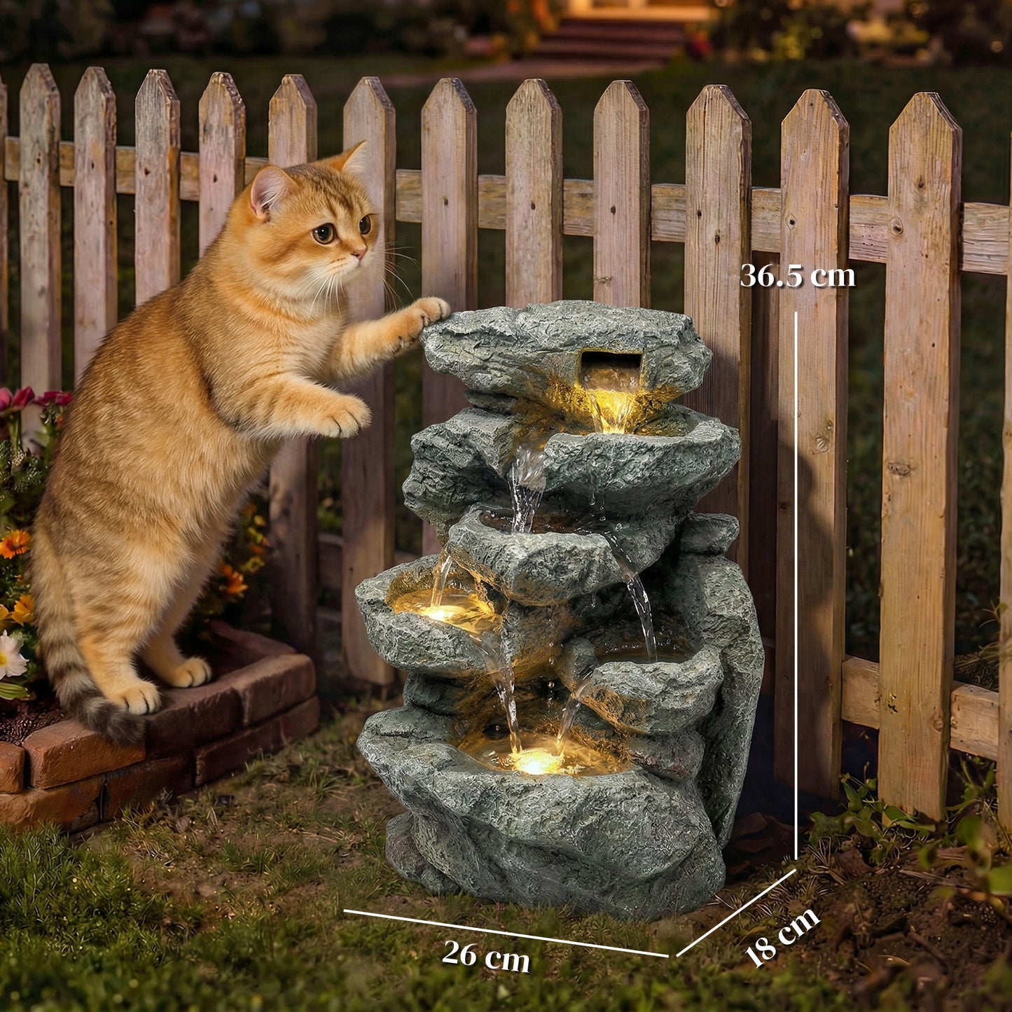 Outsunny Outdoor Fountain With 6 Tier Rock Design Waterfall Feature LED Lights Resin Freestanding Garden Fountain Grey