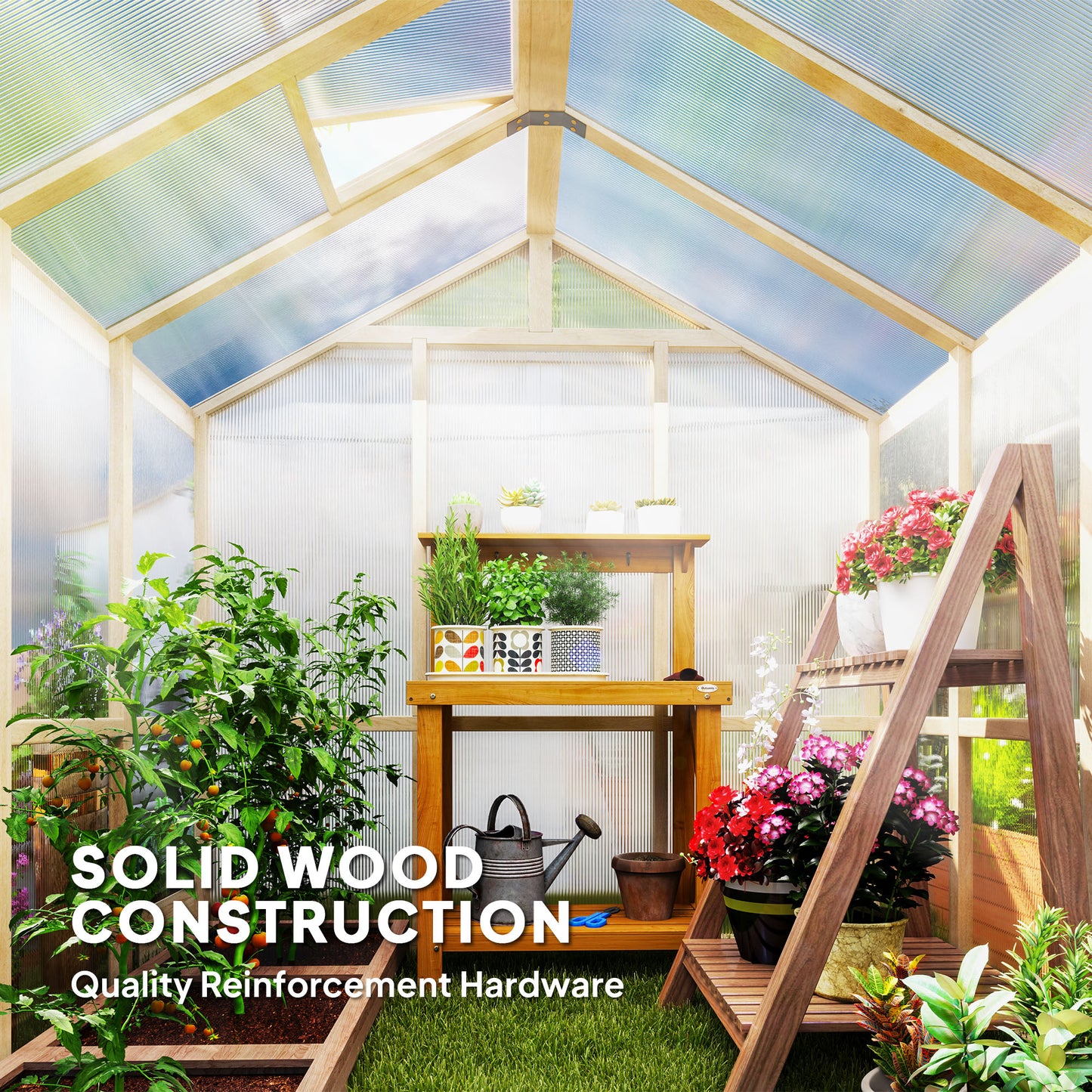 Outsunny 6.6 by 6ft Polycarbonate Walk In Wooden Greenhouse Lockable Door and Window Brown Garden Grow House