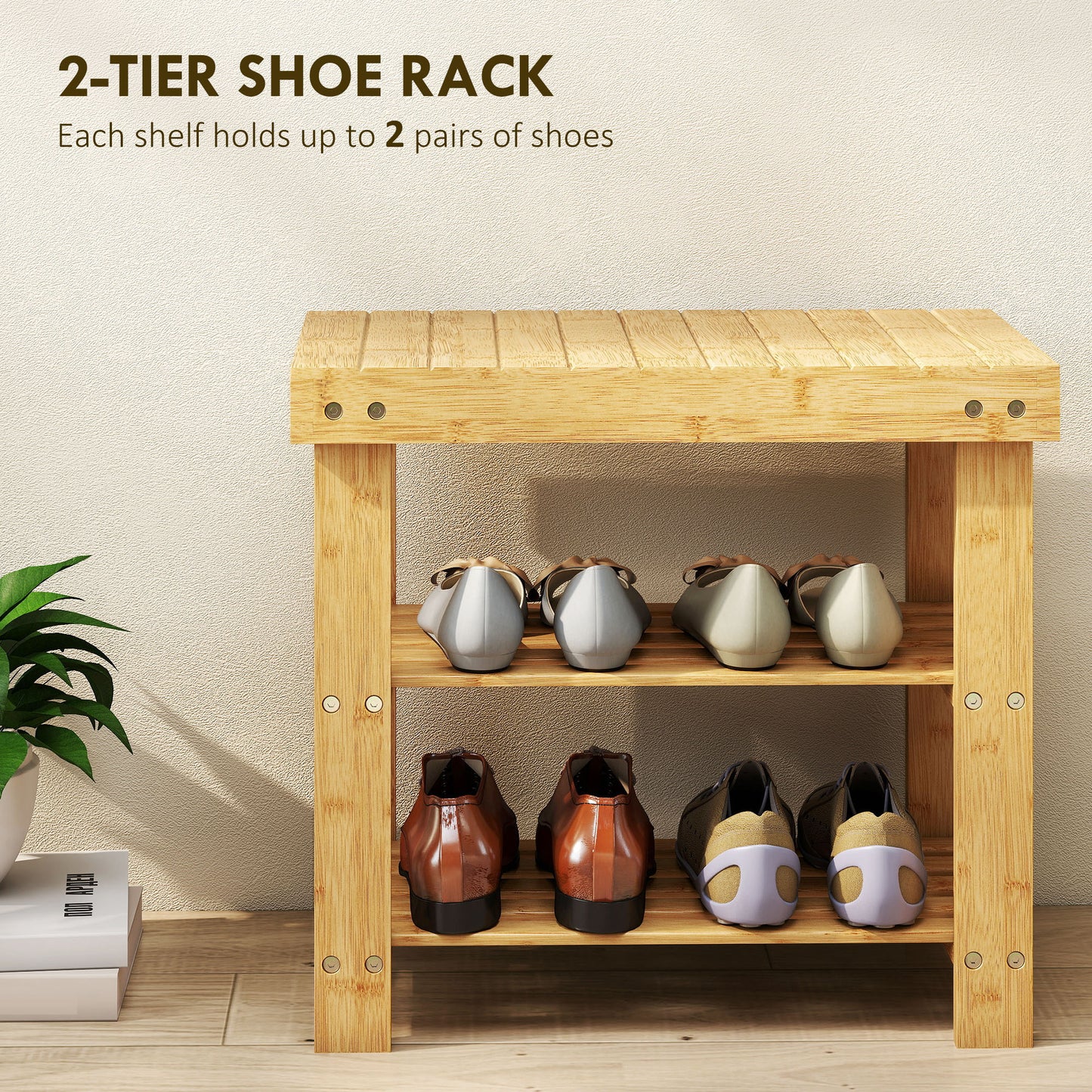HOMCOM Two Shelf Bamboo Shoe Storage Bench in Natural Finish Holds Four Pairs of Shoes