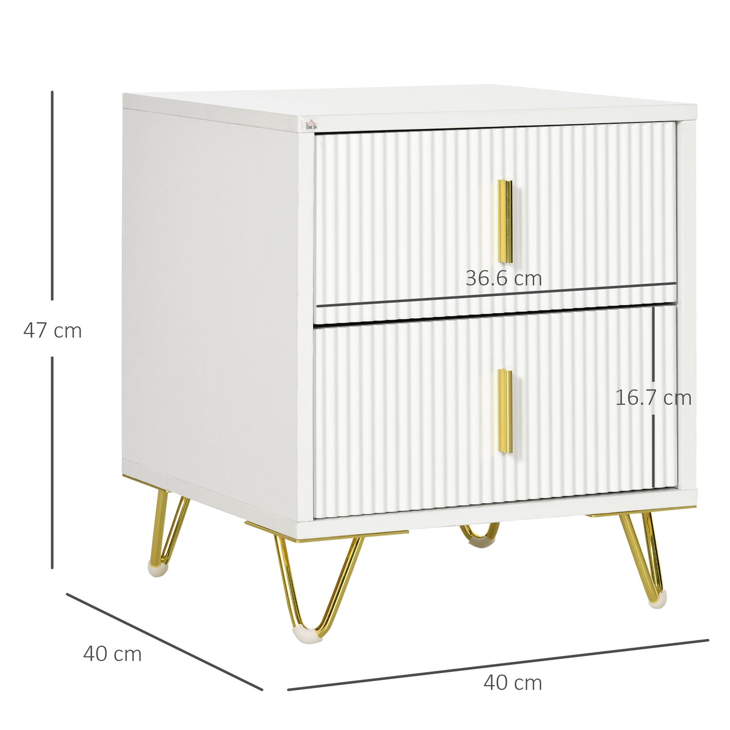 HOMCOM Set of 2 Two-Drawer Dressers in White with Gold-Tone Handles Ridged Fronts and Hairpin Legs