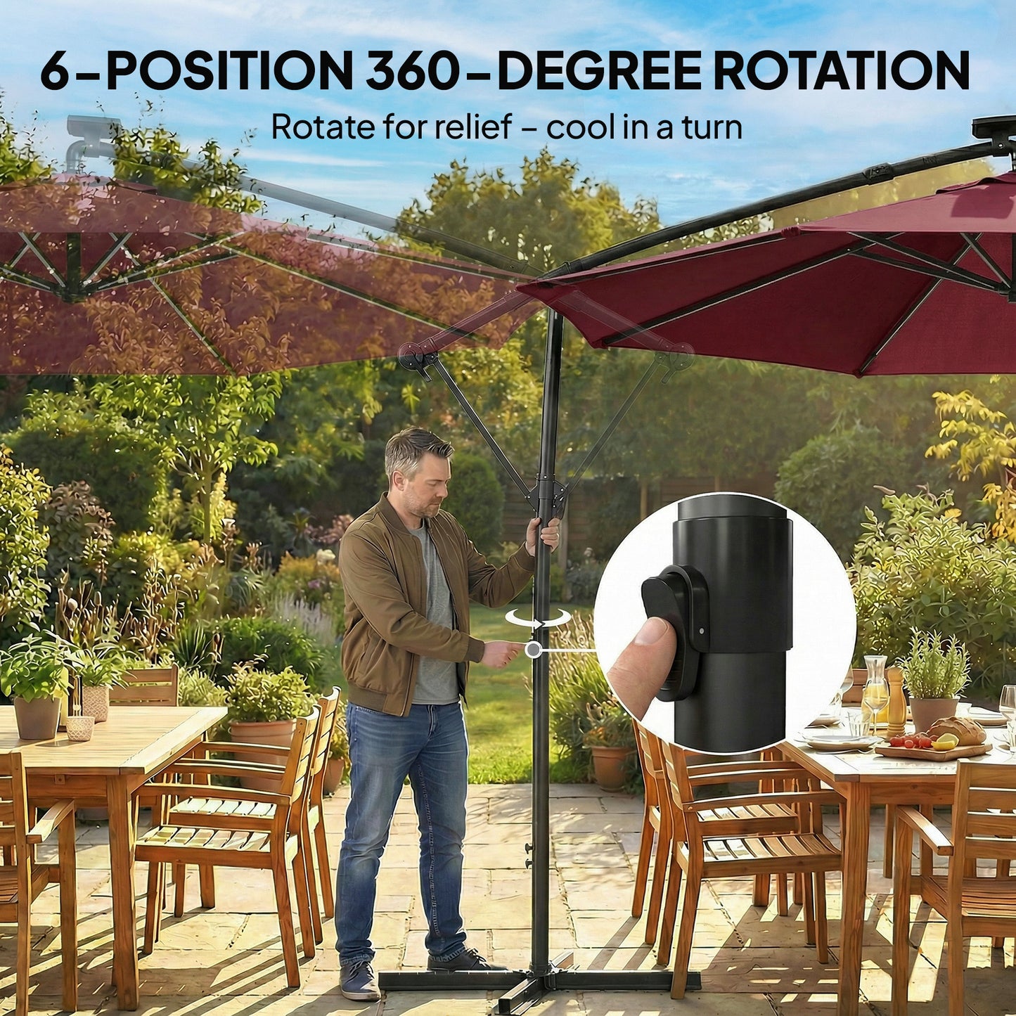 Outsunny 3 Meter Cantilever Garden Parasol With LED Solar Light And Cover Umbrella 360 Degree Rotation Wine Red