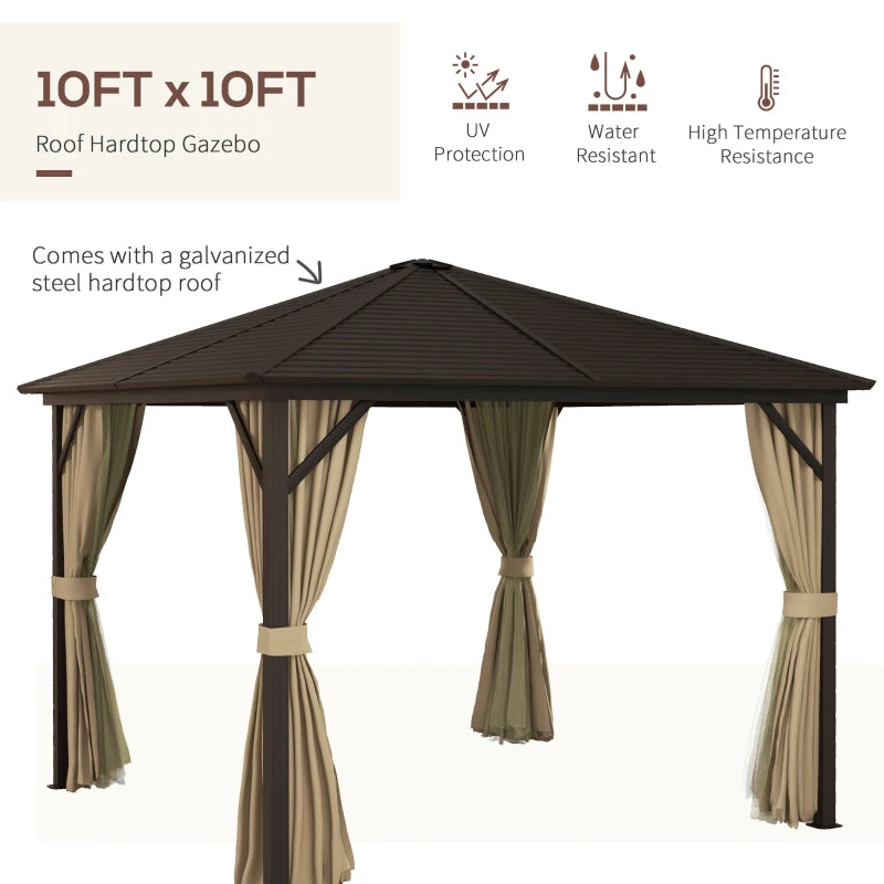 Outsunny 3x3m Metal Hardtop Gazebo with Curtains and Accessories - Brown: Stylish Outdoor Shelter Solution - ALL4U RETAILER LTD