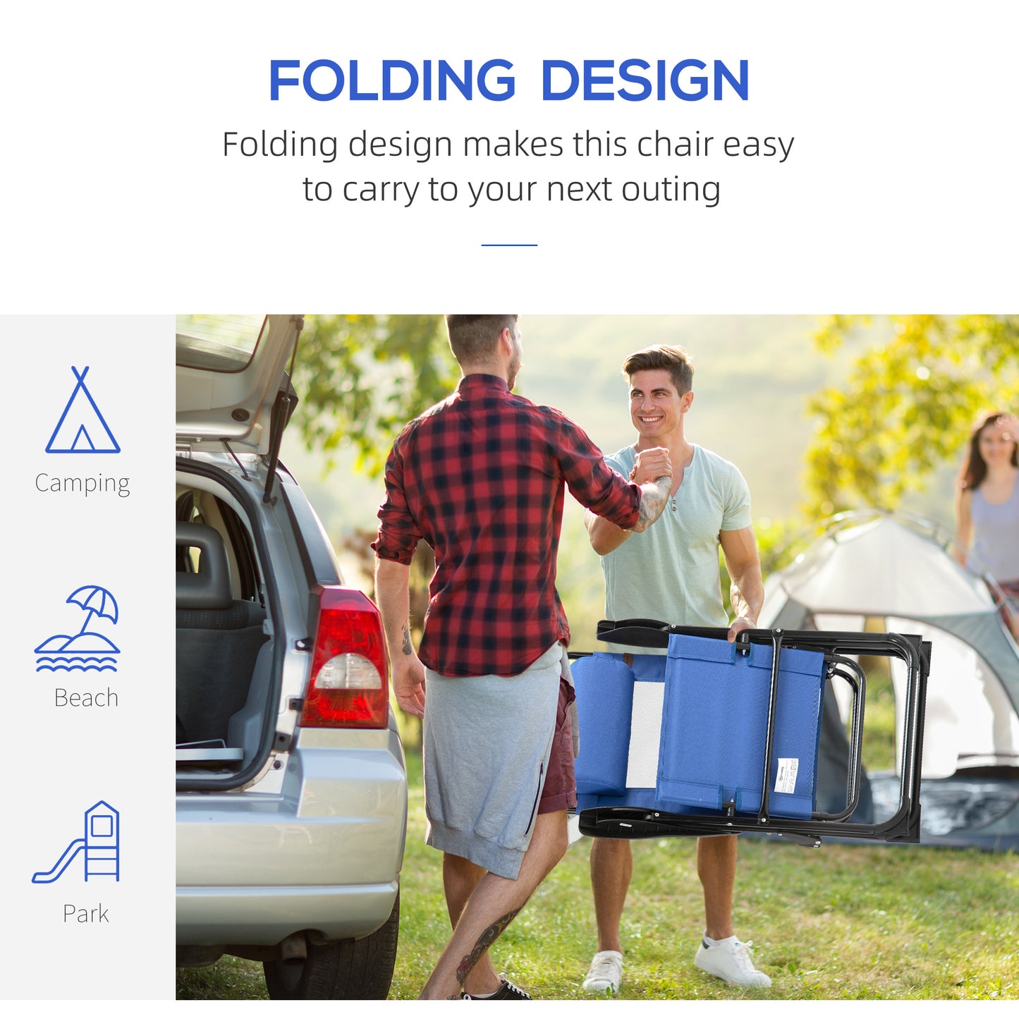 Outsunny Folding Garden Chairs Set of 2, 5-Position Recliner Camping Chair with High Back, All Weather Texteline Seat, Portable Outdoor Dining Chairs with Headrests for Patio, Picnic, Blue