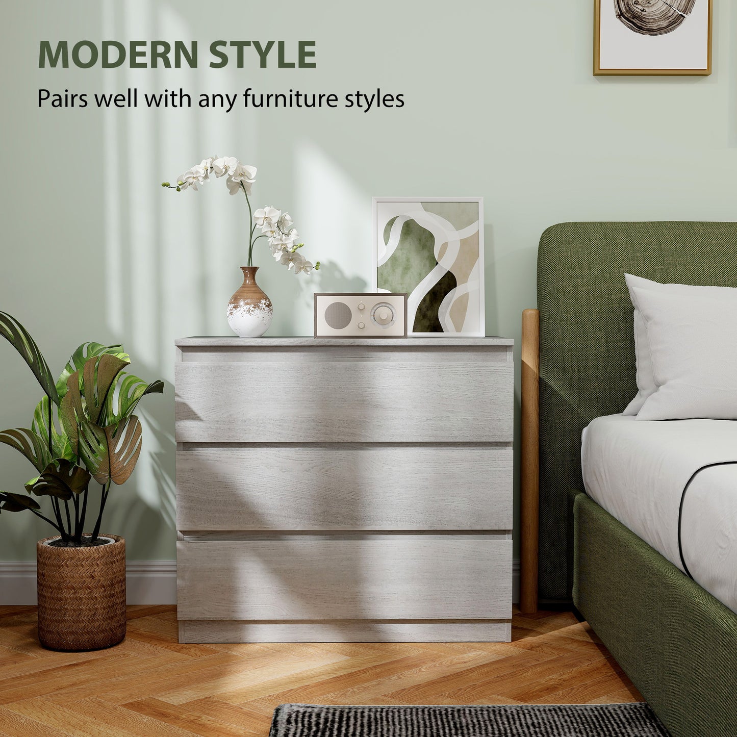 HOMCOM Three Drawer Chest In Grey Wood Effect Made From Particle Board With Flat Top For Bedroom Storage