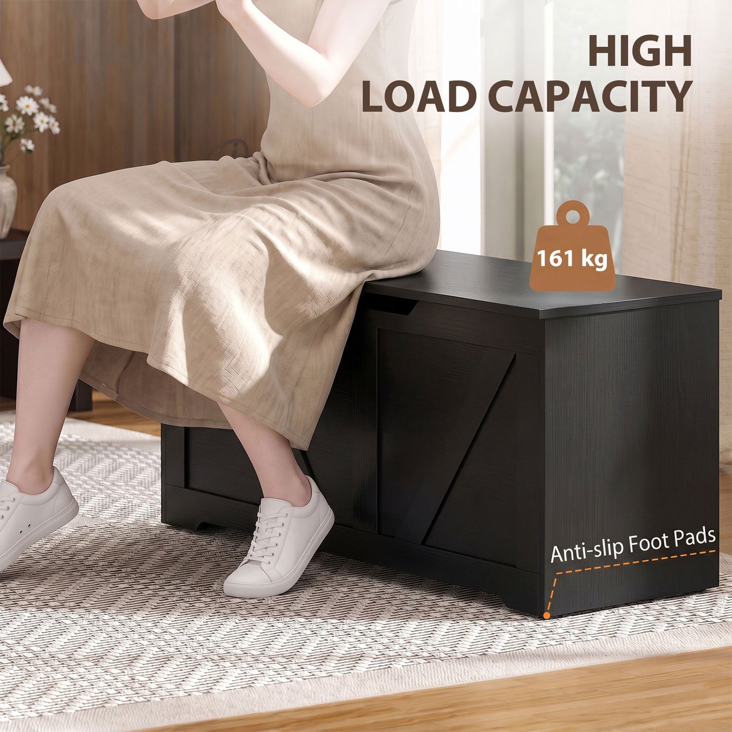 HOMCOM 127L Storage Box with Safety Hinges and Sit on Lid in Black Wood Effect Plus