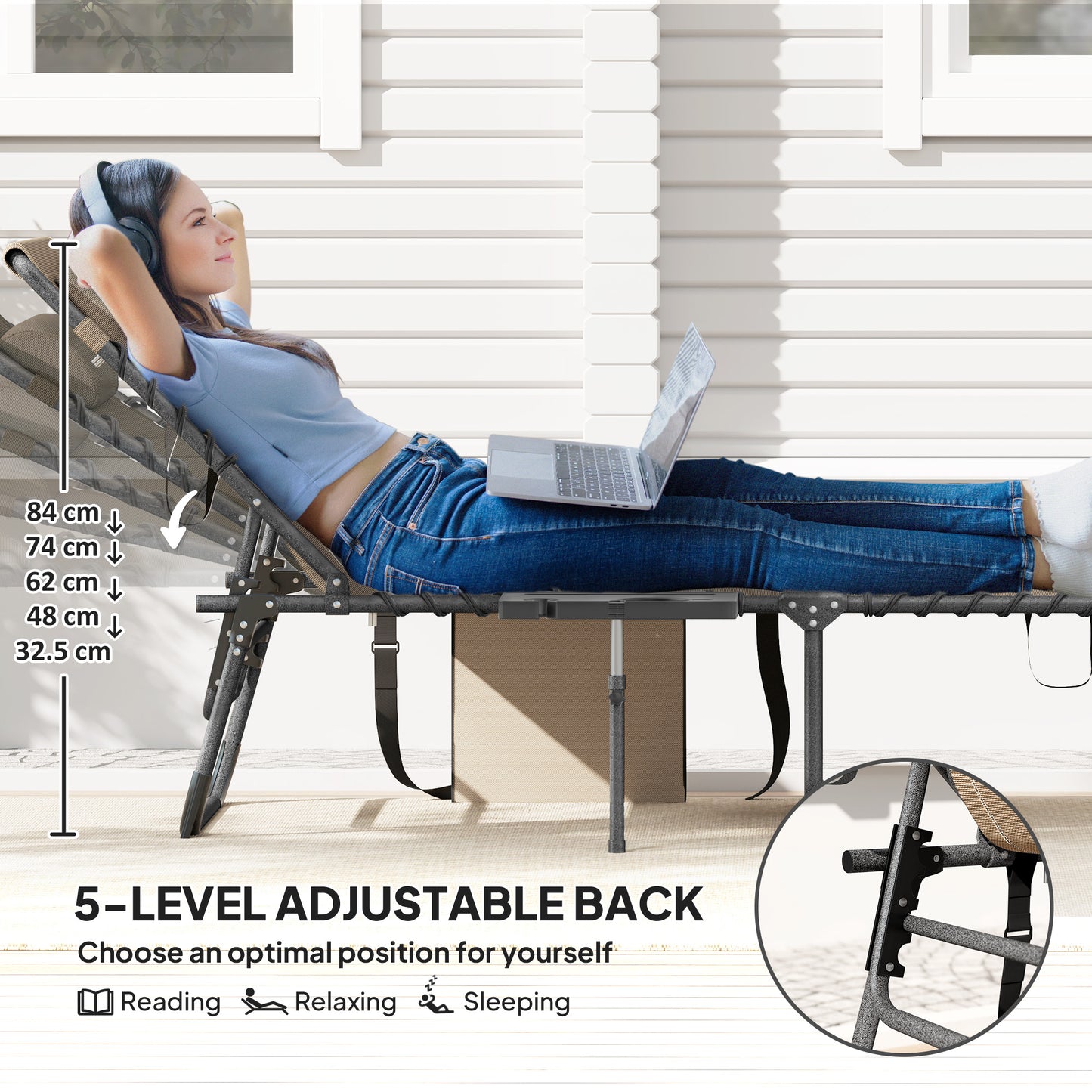 Outsunny Five Position Reclining Sun Lounger Beige With Removable Head Pillow And Powder Coated Steel Frame