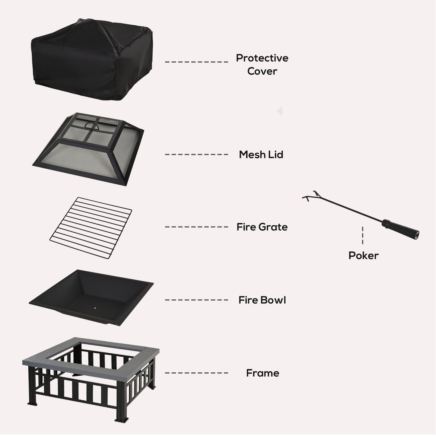 Outsunny Outdoor Square Fire Pit With Rain Cover And Log Grate For Backyard Camping BBQ Bonfire 86 x 86 x 54cm Black