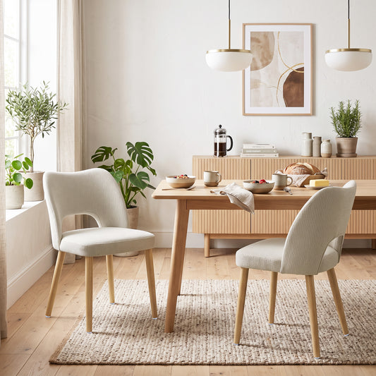 Beige chenille dining chair with curved back, cushioned seat, and light wood legs by window.