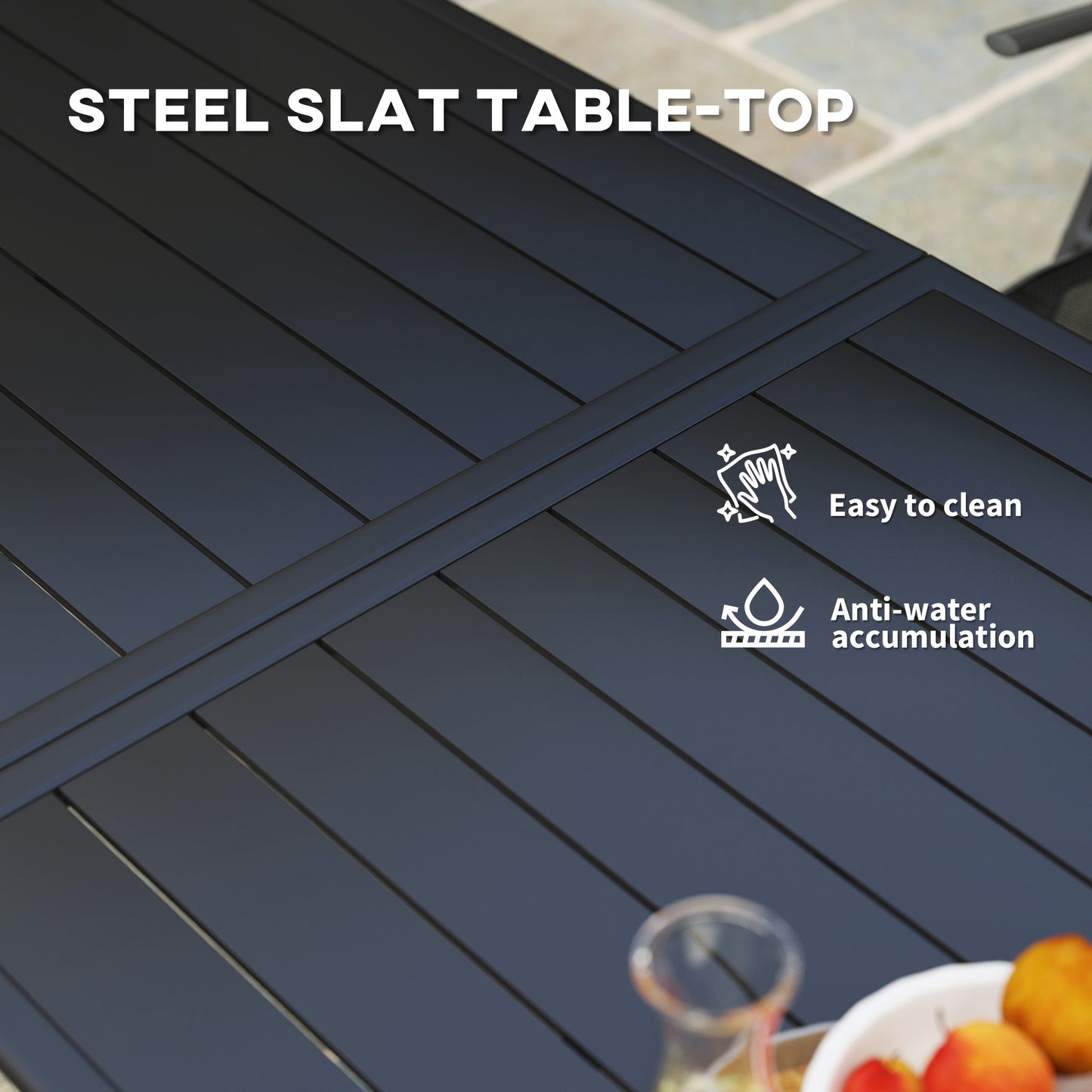 Outsunny Rectangle Garden Table With Slat Top And Steel Frame For Outdoor Use Seats 6 150x80x74 cm Black