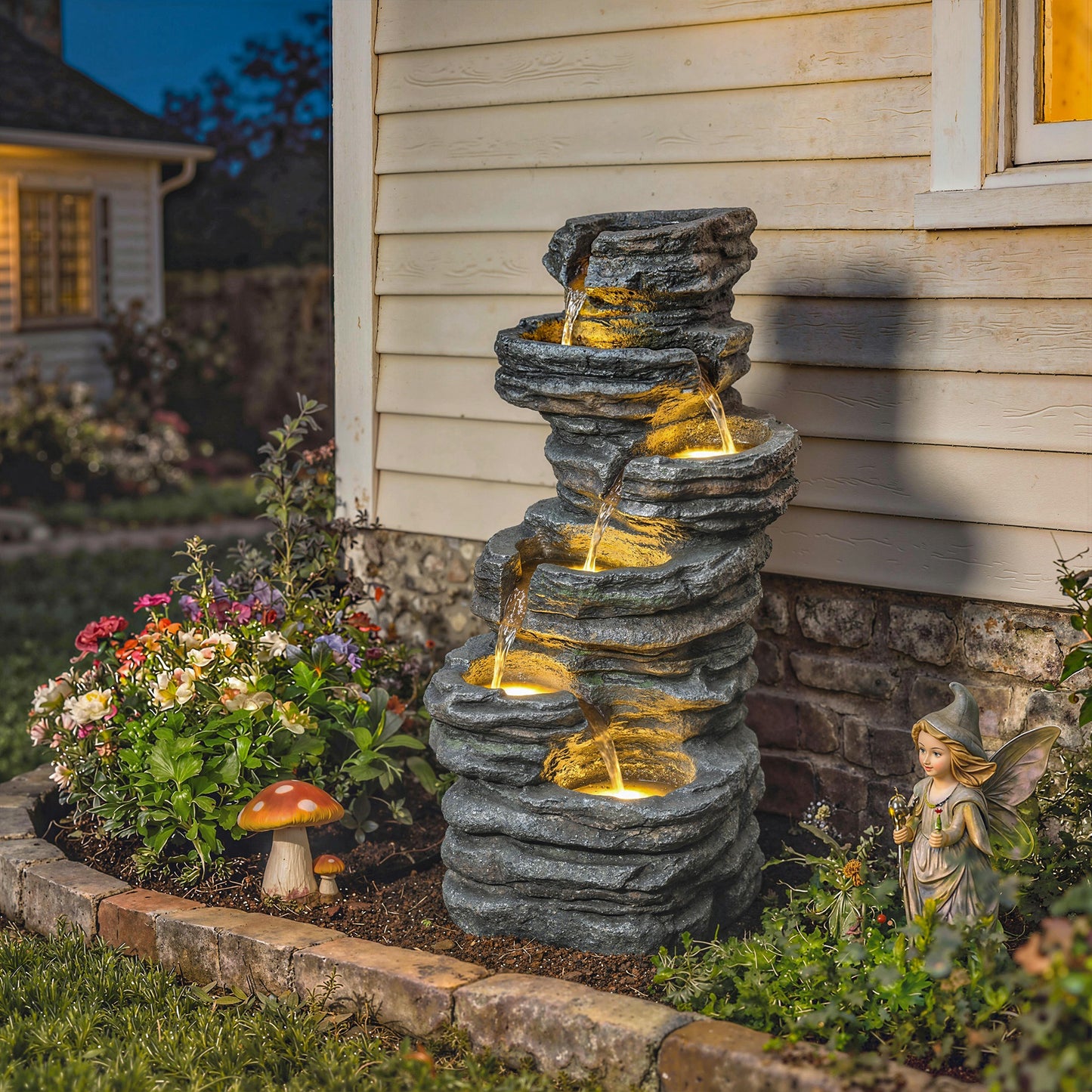 Outsunny 6 Tier Cascading Garden Fountain LED Lights Resin Freestanding Grey Outdoor Water Feature