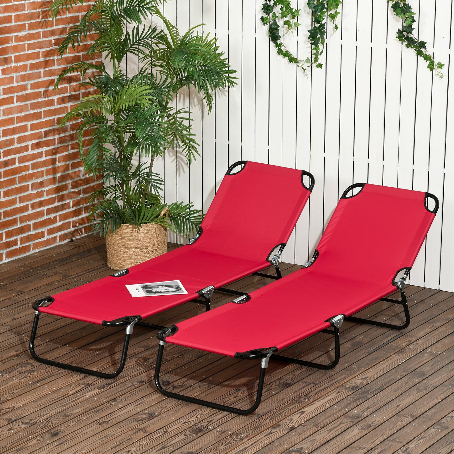 Outsunny Set Of Two Folding Sun Loungers Red With Five Position Reclining Backs And Powder Coated Steel Frames