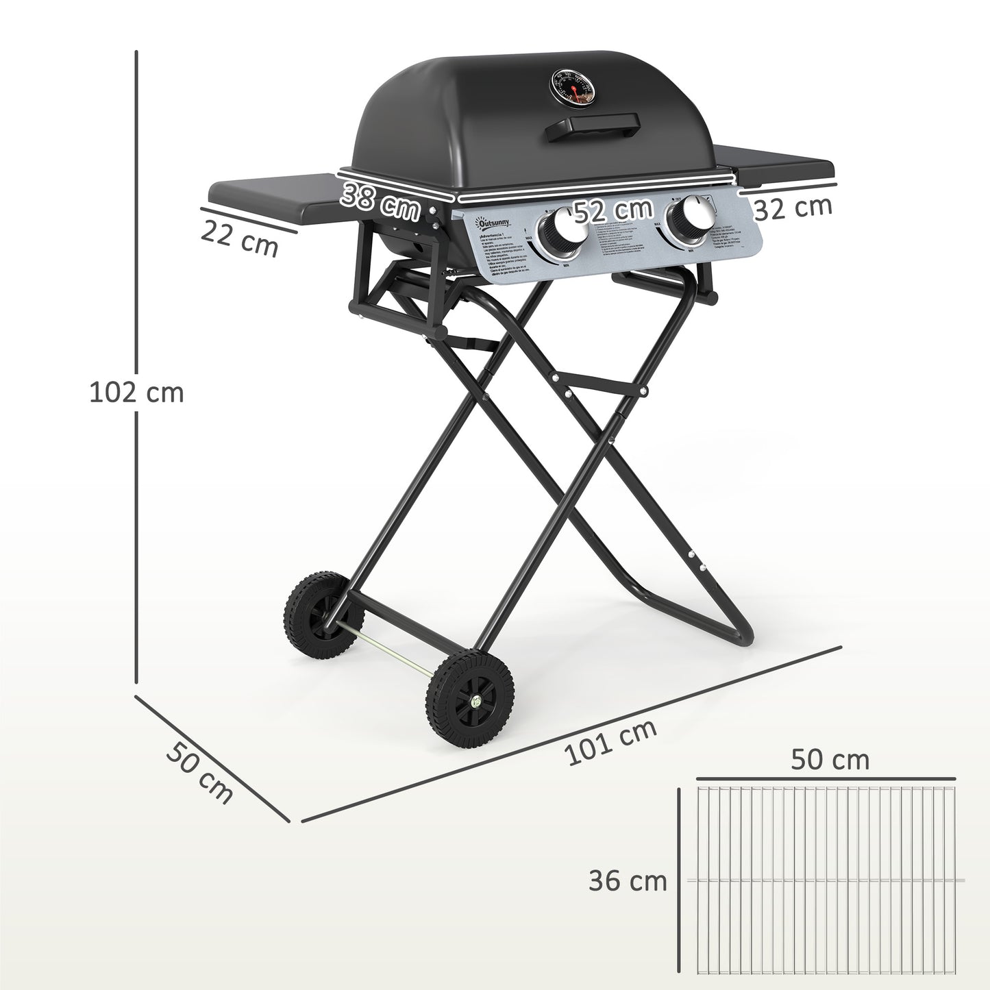 Outsunny Two Burner Portable Suitcase Gas Grill With Piezo Ignition And Side Tables Black