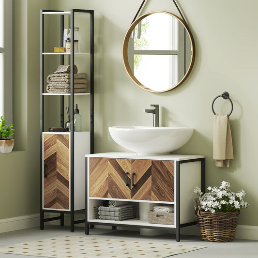 HOMCOM Rustic Under Sink Cabinet With Herringbone Doors Open Compartment For Basin Cream White 80x40x60cm