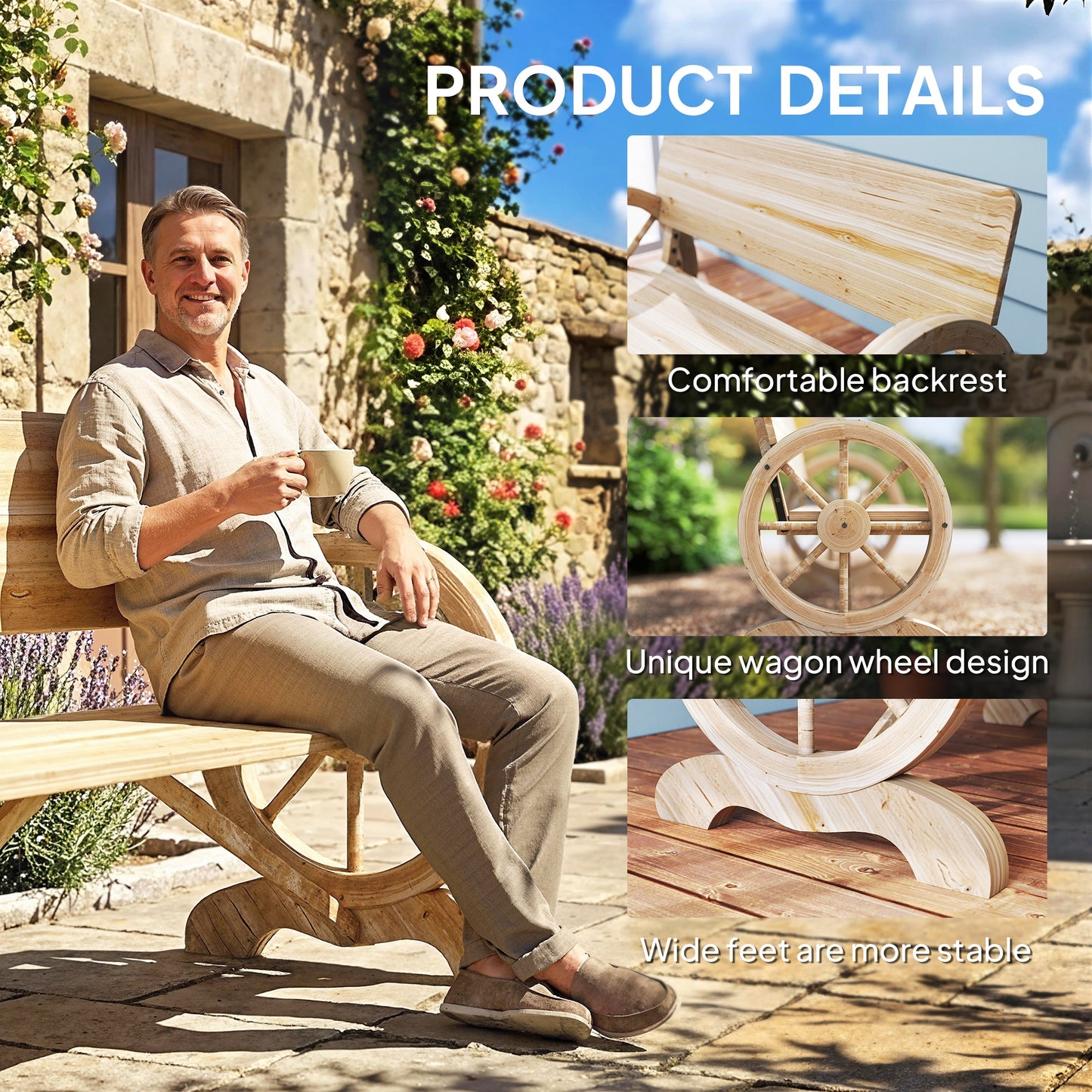 Outsunny Fir Wood Two Seater Wagon Wheel Bench For Outdoor Garden Patio Natural Finish Supports Up To 250 Kg