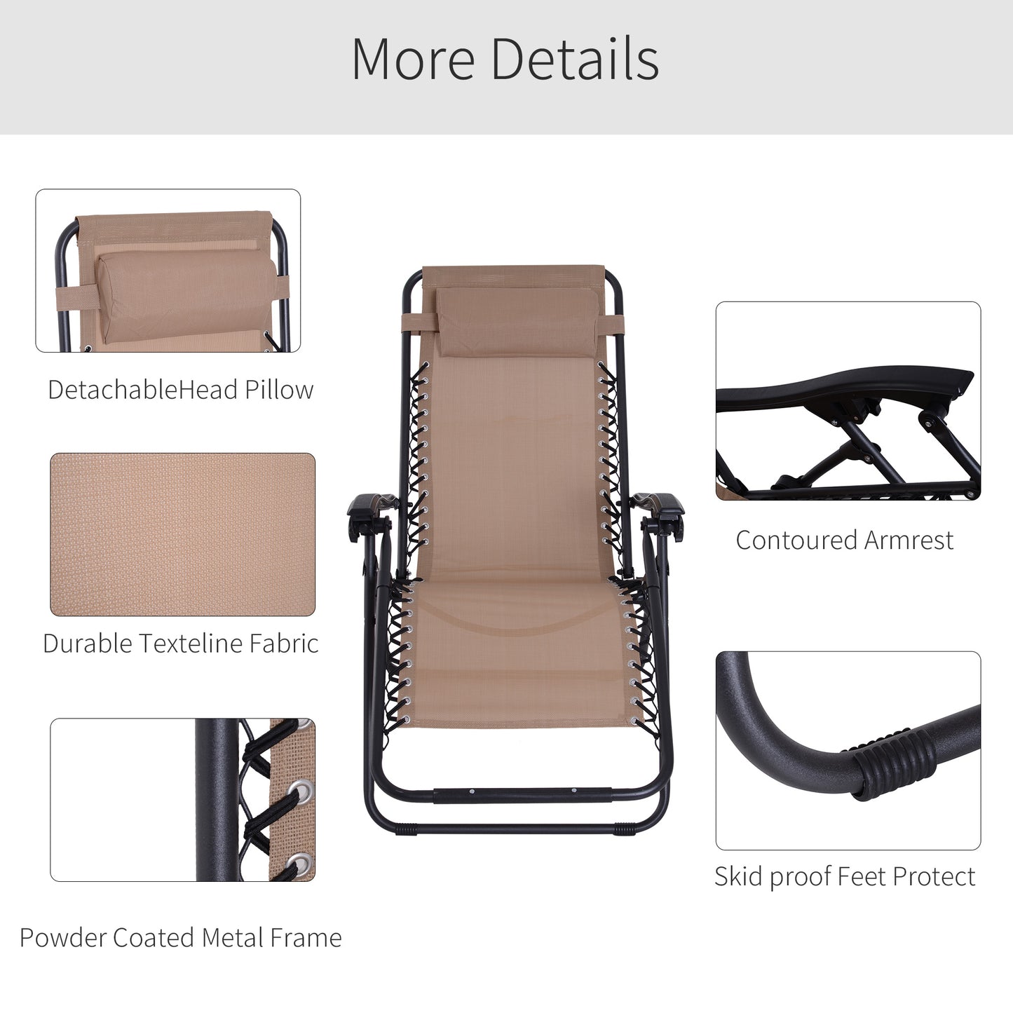 Outsunny Zero Gravity Chair Set of 2 Outdoor Folding Reclining Sun Loungers with Head Pillow Metal Frame Beige