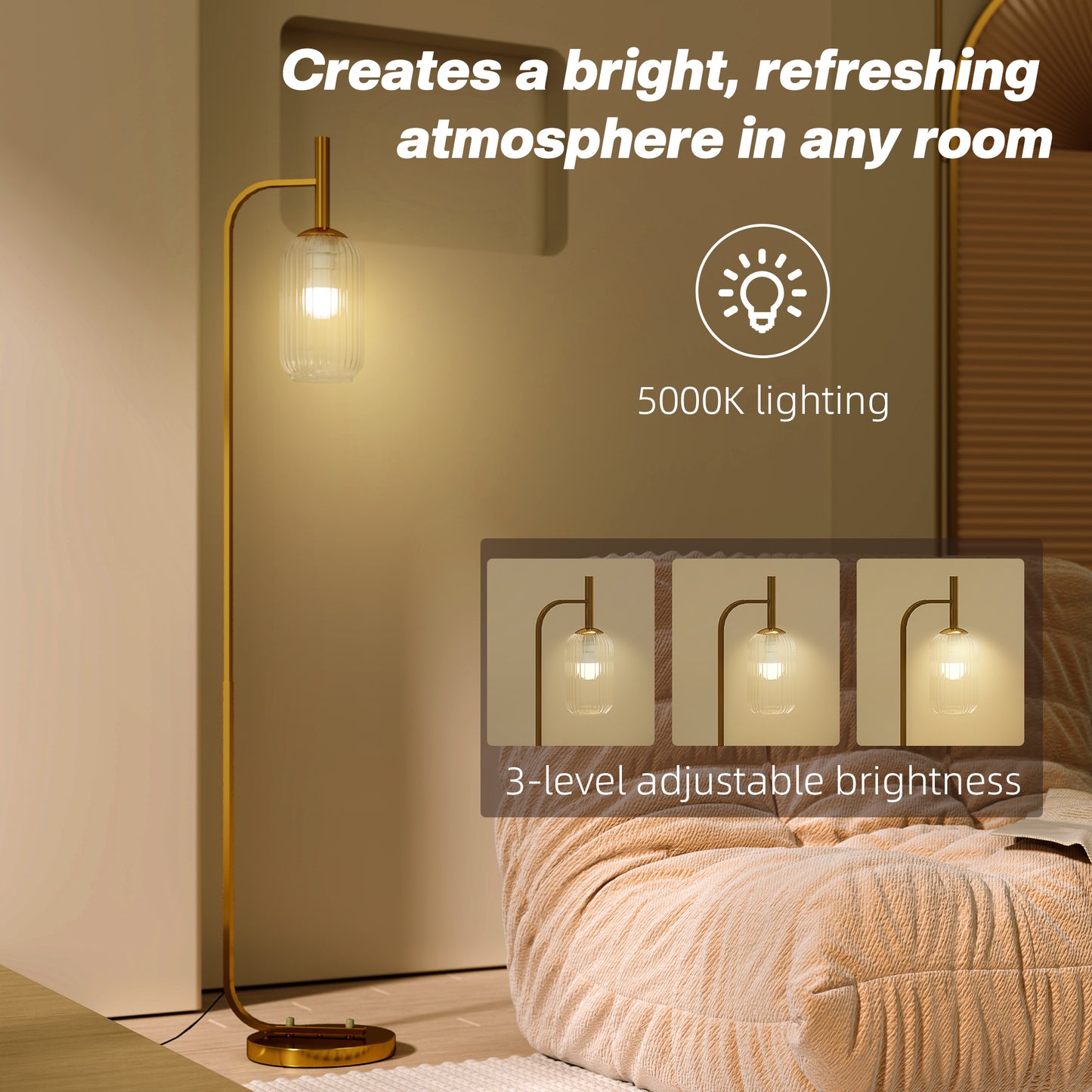 HOMCOM LED Floor Lamp With Glass Lampshade Modern Standing Lamp Foot Switch Adjustable Brightness 2700K Gold Tone