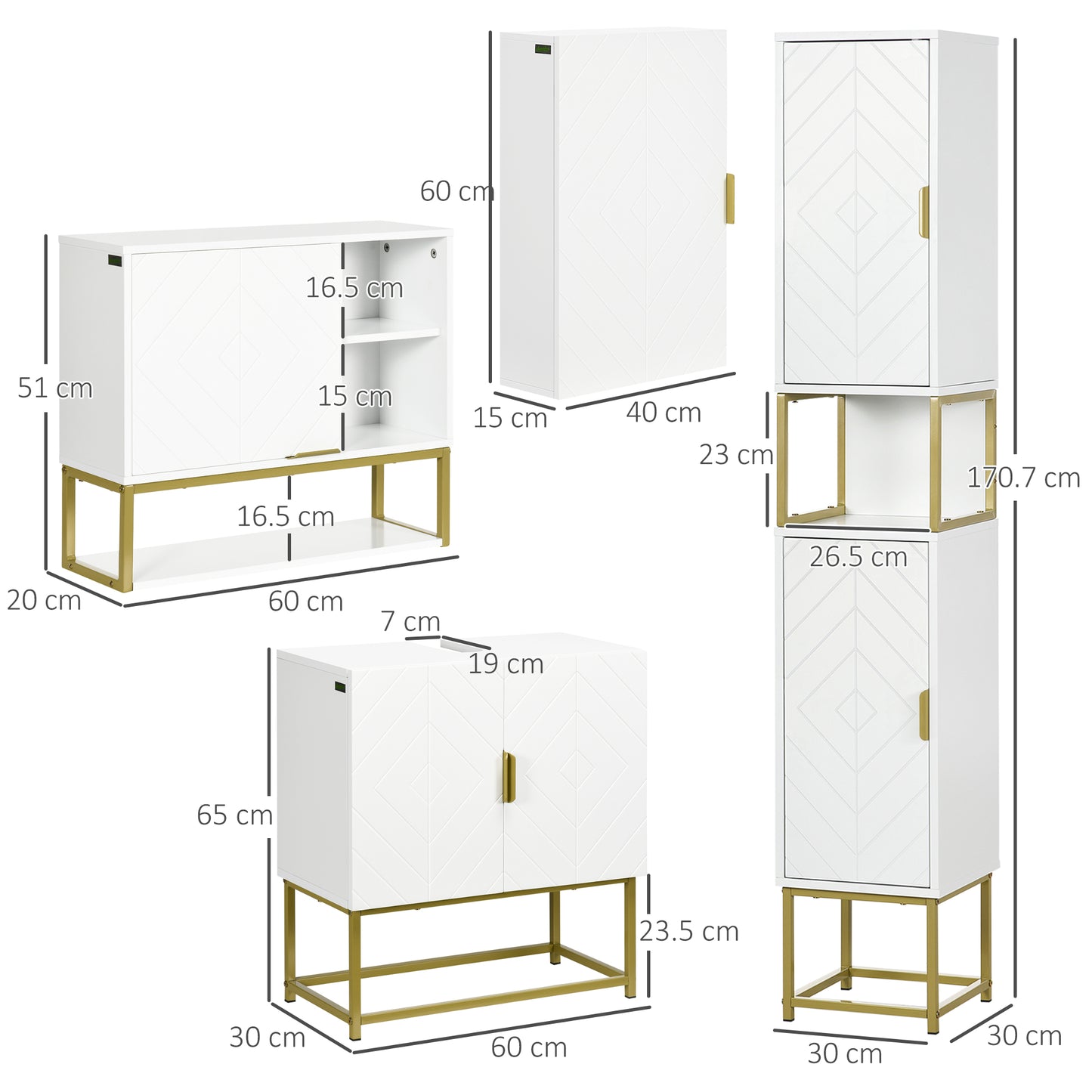 Kleankin 4 Piece Bathroom Furniture Set Freestanding Tall Cabinet Under Sink Storage Two Wall Mounted Cabinets White