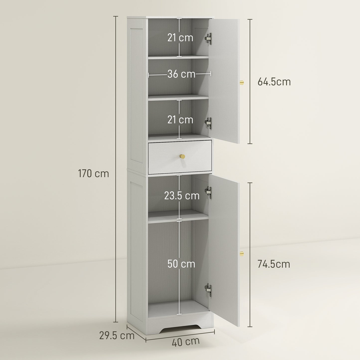 HOMCOM Tall Bathroom Cabinet With Arched Doors White Slim Storage With Two Cupboards And Middle Drawer
