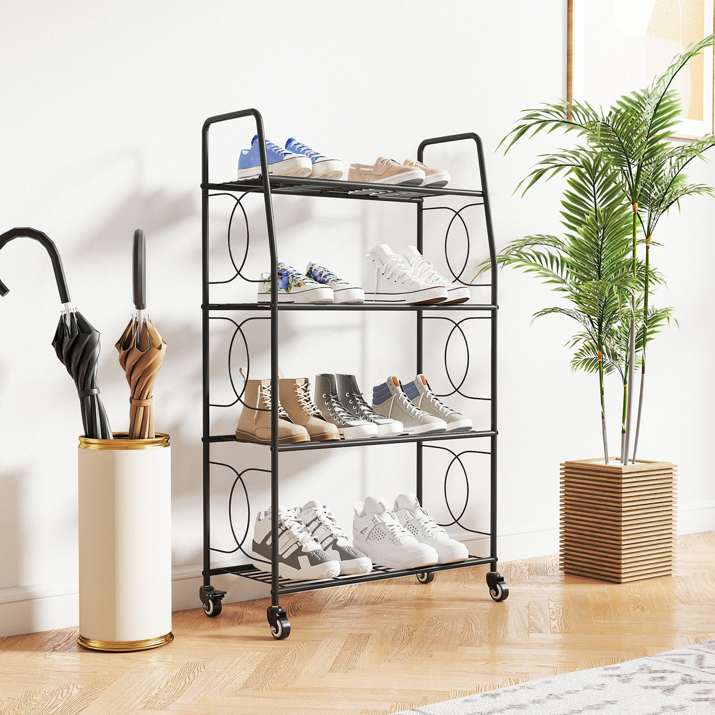 Outsunny 4-Tier Metal Plant Stand With Lockable Wheels Heavy Duty Ladder Shelf For Potted Plants