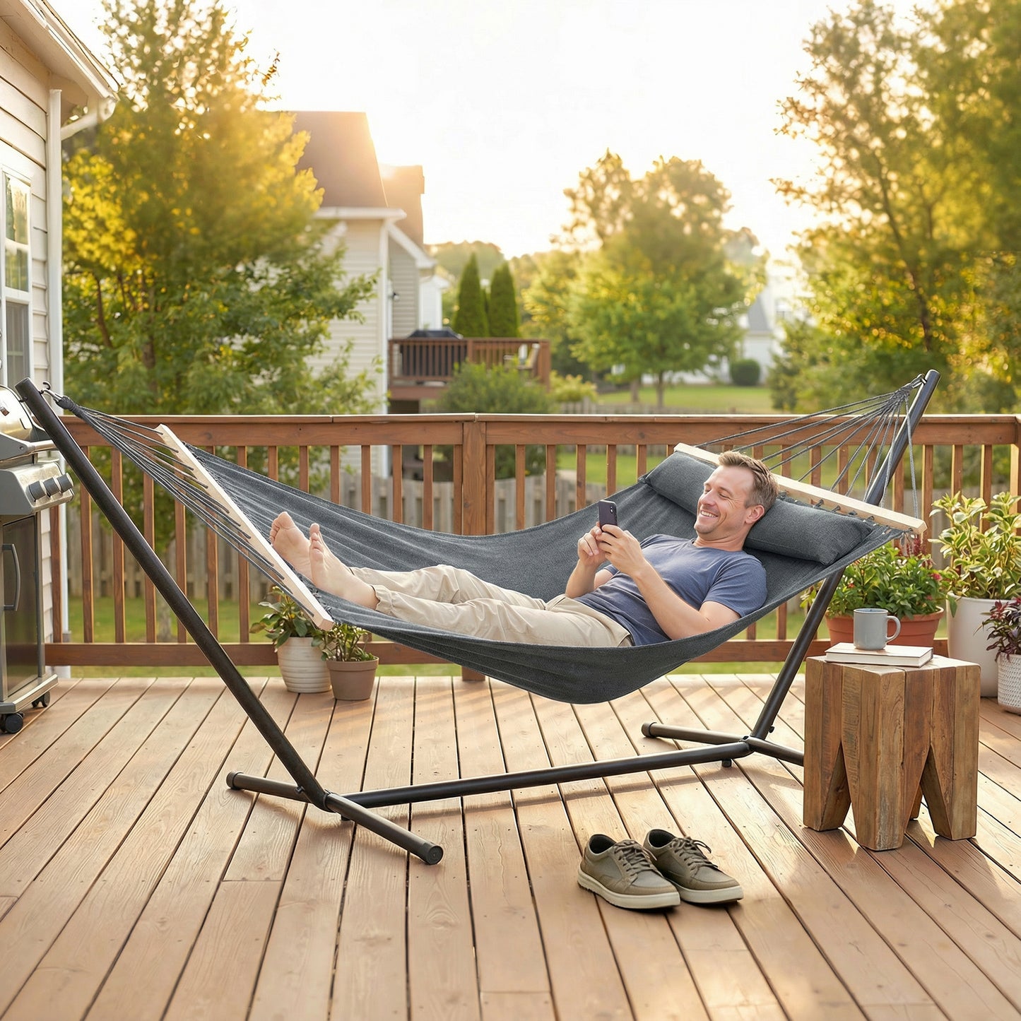 Outsunny Cotton Hammock Portable Swing With Headrest And Side Pocket For Outdoor Relaxation Dark Gray