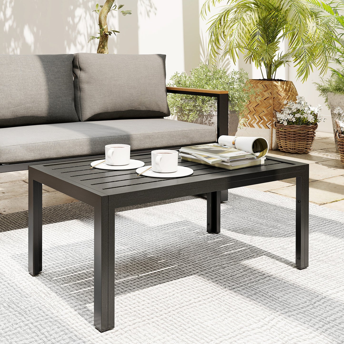 Outsunny Outdoor Rectangular Side Table With Steel Frame And Slat Tabletop For Garden Balcony Grey