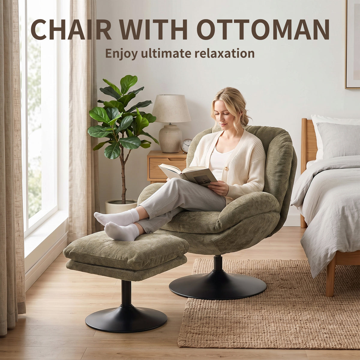 HOMCOM Modern Chenille 360 Degree Swivel Accent Chair With Ottoman Dark Green
