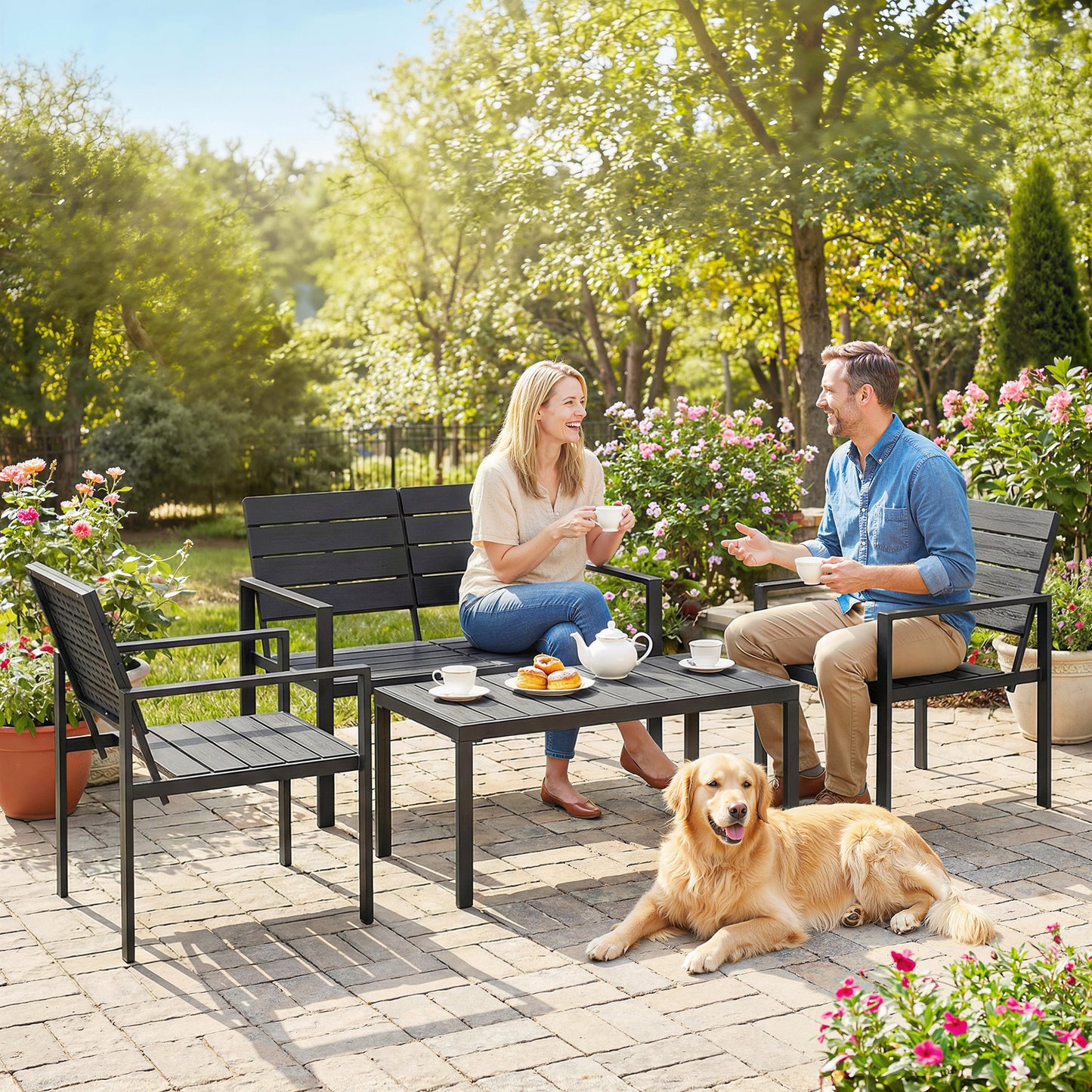 Outsunny 4 Piece Outdoor Garden Furniture Set With HDPE Slats Loveseat Two Armchairs Coffee Table Metal Frame Black