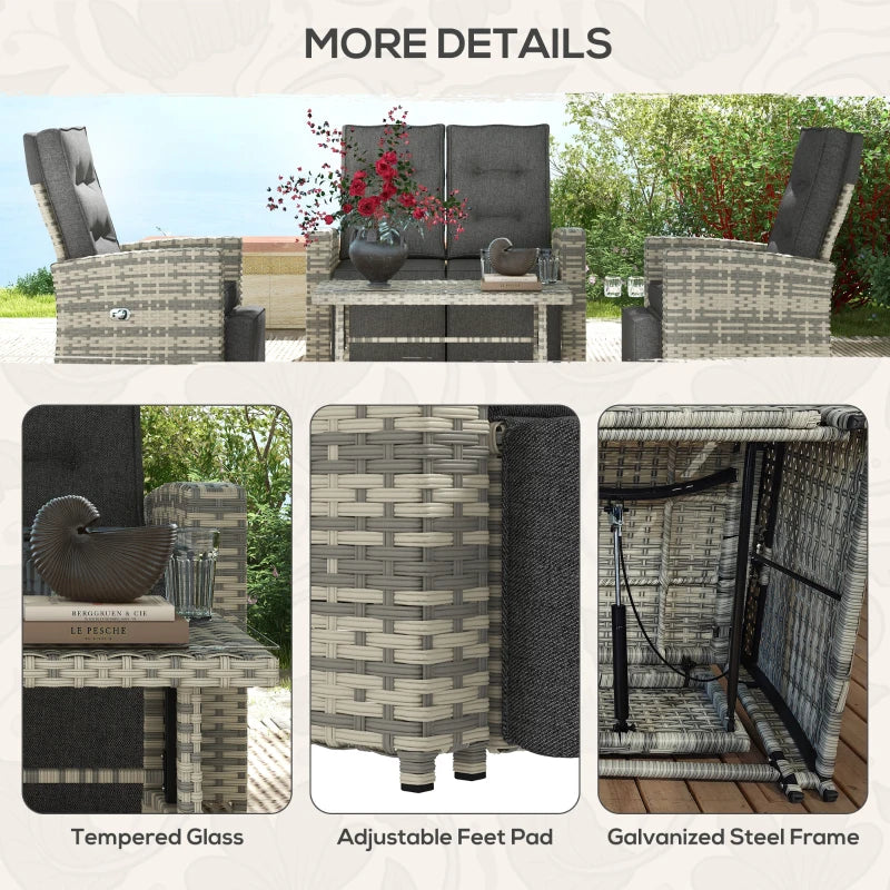 Outsunny 4-Piece Rattan Outdoor Sofa Sectional Set with Glass Top Table - Light Grey Patio Furniture for Yard and Poolside - ALL4U RETAILER LTD