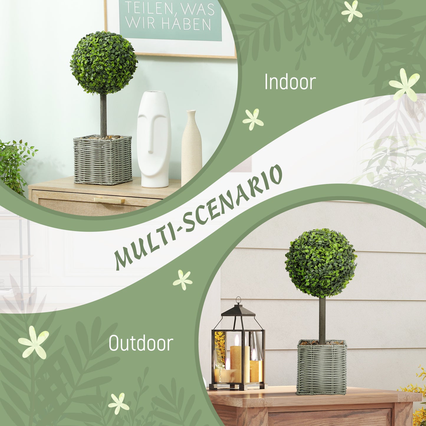 HOMCOM Set of 2 Decorative Artificial Plants 50cm Boxwood Topiary Balls in Woven Plastic Pots for Home Office Decor Green