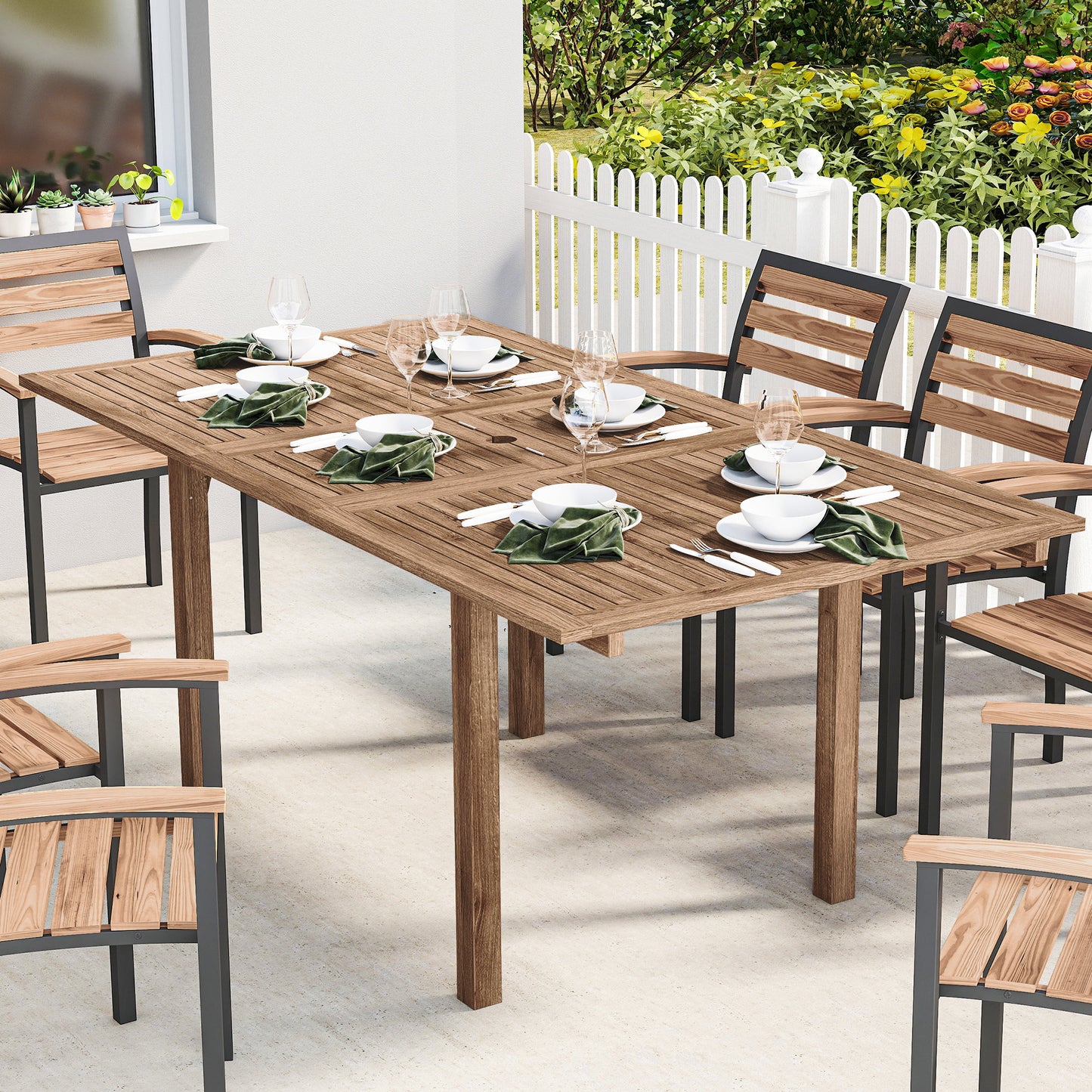 Outsunny Extending Garden Table For 6-8 With Hidden Butterfly Extension Acacia Wood Slatted Top For Balcony