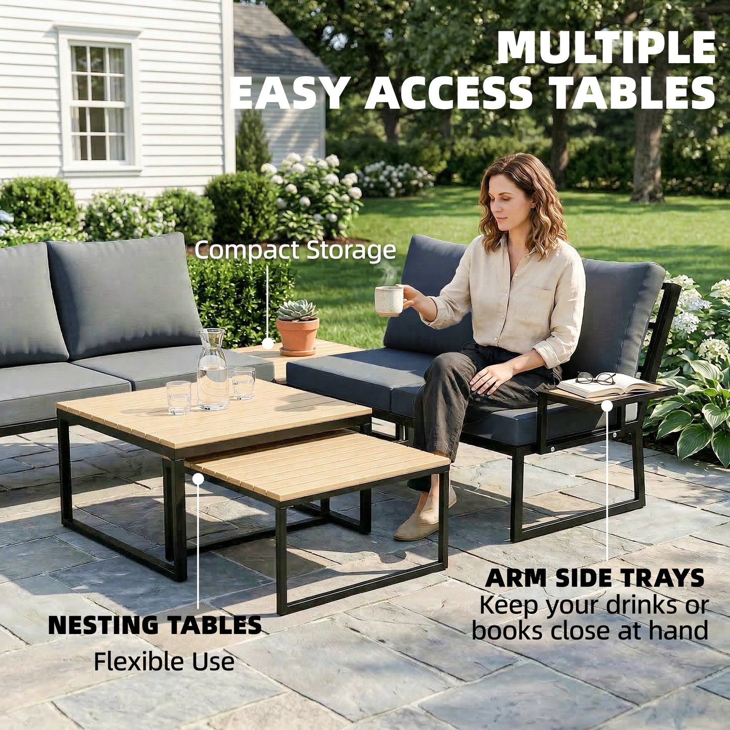 Outsunny 4 Seater Metal Garden Furniture Set With Corner Sofa, Two Loveseats, Two Nesting Tables And Teak Finish
