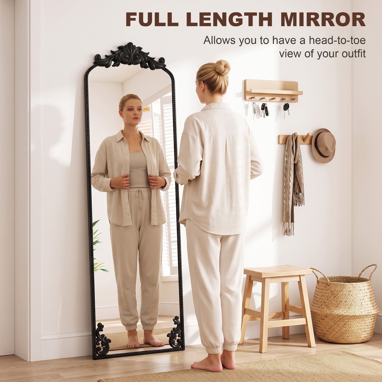 HOMCOM Baroque Full Length Floor Mirror With Black Metal Frame For Bedroom